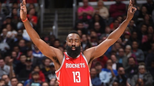 James Harden celebrates making a three pointer.