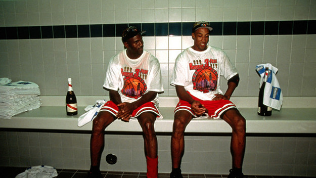 Michael Jordan and Scottie Pippen celebrate after winning the 1998 NBA Championship