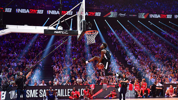 Sylvain Francisco competing in the NBA2K18 Dunk Contest during the All Star Game.