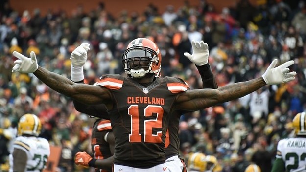 Josh Gordon celebrates a touchdown against the Packers.