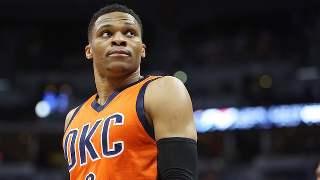 Russell Westbrook looks into crowd during game.