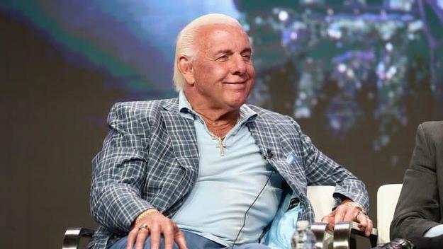 Ric Flair speaks on a panel.