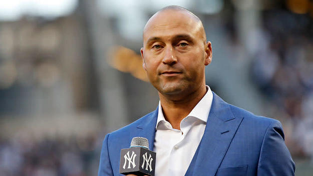 Derek Jeter speaks after being honored during a pre game ceremony to retire his jersey number.