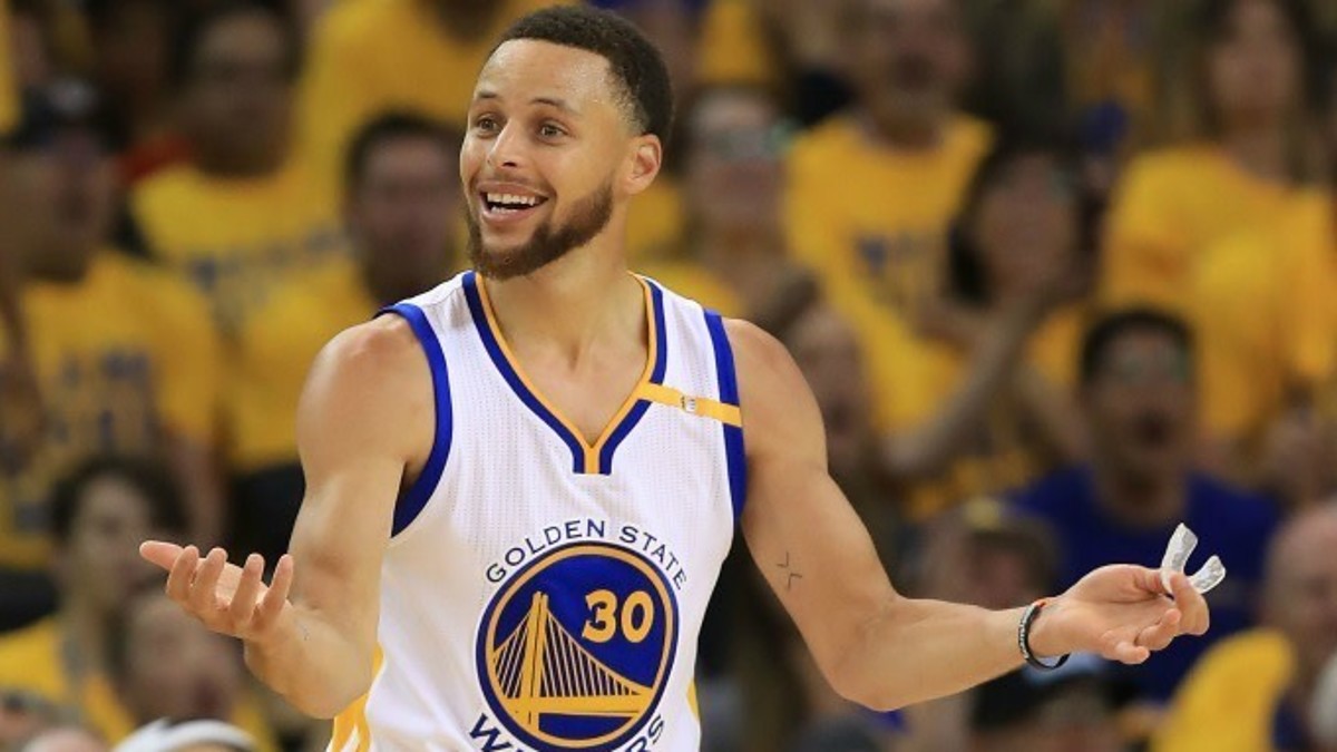Steph Curry reacts to a foul call.