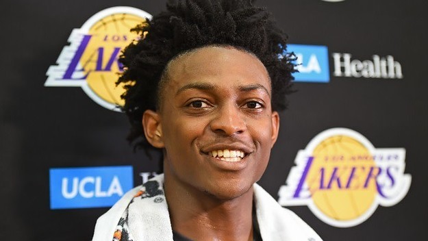 De'Aaron Fox answers questions after working out for the Lakers.
