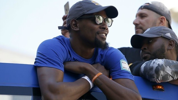 Kevin Durant celebrates the Warriors' NBA title.