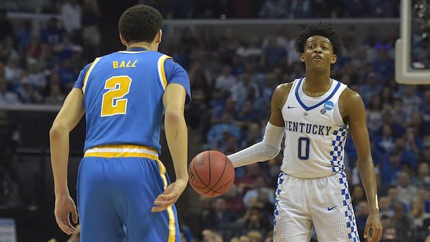 Lonzo Ball guards De'Aaron Fox during Kentucky/UCLA game.