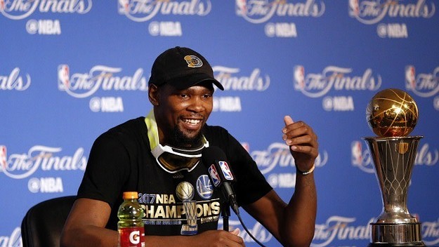 Kevin Durant conducts a press conference after Game 5 of the 2017 NBA Finals.