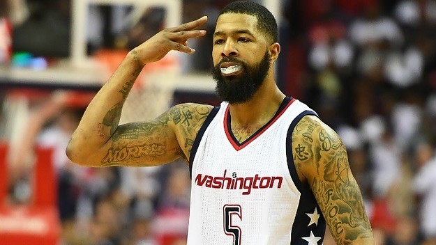 Markieff Morris reacts to a play during the Wizards playoff game against the Celtics.