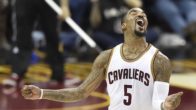 J.R. Smith celebrates on court during game.