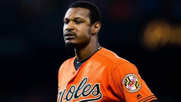 Adam Jones reacts to a call on the field.
