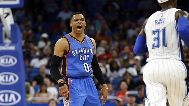Russell Westbrook yells during a game against the Magic.