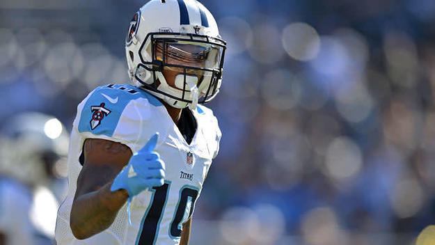 Titans wide receiver Tajae Sharpe gestures during a game against the Chargers.