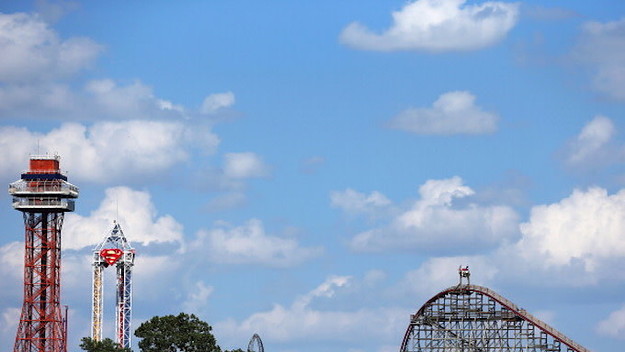 A view of The Texas Giant roller coaster (R) at Six Flags Over Texas