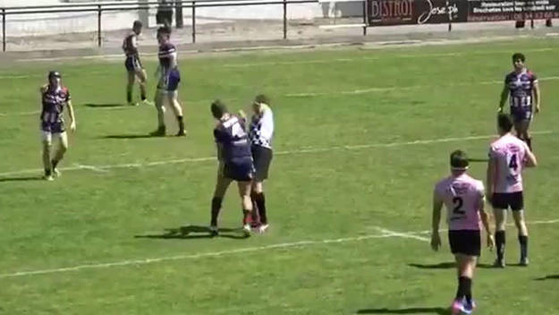 A French rugby player punches out a referee during a contest in South Africa.