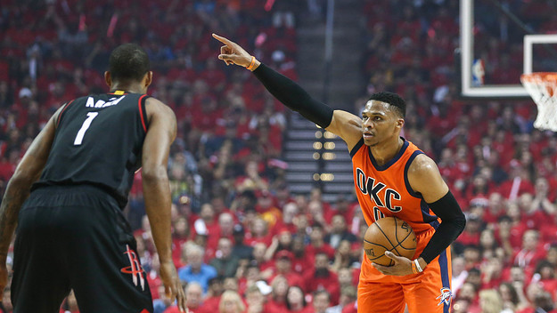 Russell Westbrook Rockets Thunder Game 2 2017 Pointing