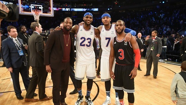 Dwyane Wade, LeBron James, Carmelo Anthony, and Chris Paul at the NBA All Star Game.