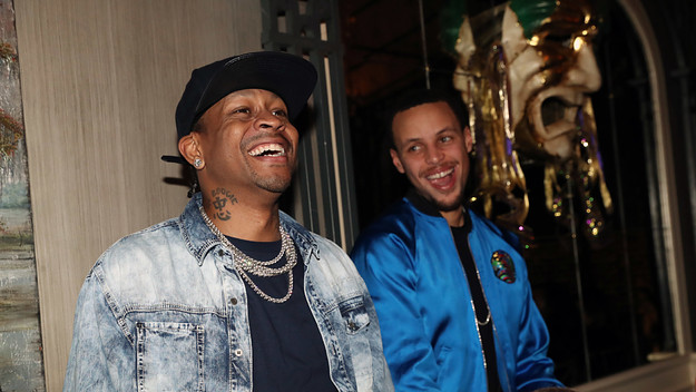 Allen Iverson shares a laugh with Steph Curry.