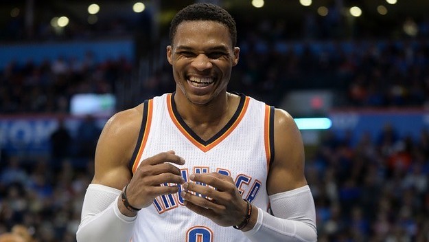 Russell Westbrook laughs during a game.