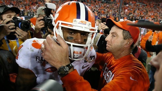 DeShaun Watson celebrates Clemson's CFP National Championship Game win.