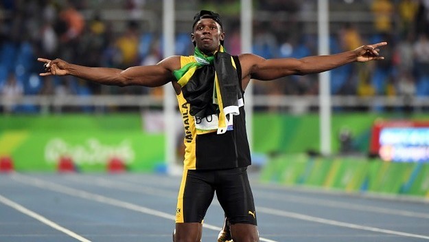 Usain Bolt celebrates at the 2016 Olympics.