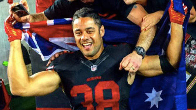 Jarryd Hayne celebrates with Aussie 49ers fans