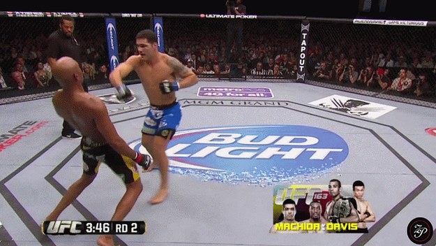 Two MMA fighters in a UFC octagon during a match, with a Bud Light logo on the mat and an inset showing UFC 163: Machida vs. Davis.