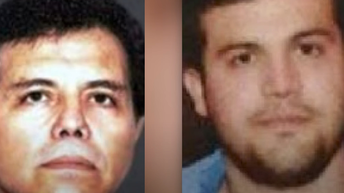 A split image featuring two men. The man on the left has short, dark hair, and the man on the right has a beard and mustache