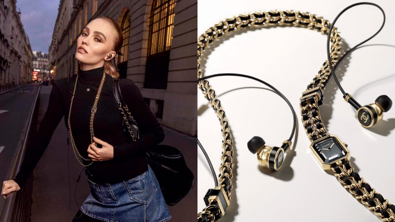 Left: Lily-Rose Depp modeling Chanel's Première Sound Watch outdoors. Right: Close up of the watch and earbuds.