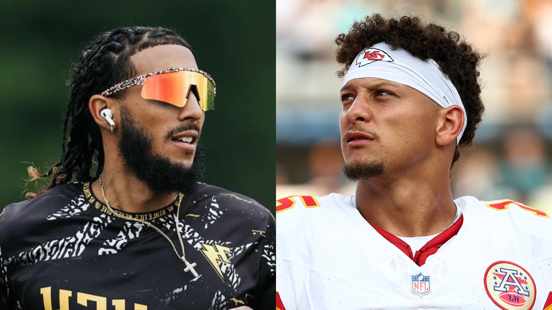 Darrel Doucette and Patrick Mahomes playing football.