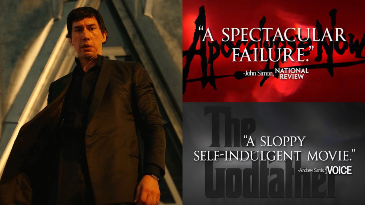 Left: Adam Driver in 'Megalopolis'. Right: Fake quotes from reviews of "Apocalypse Now" and "The Godfather"