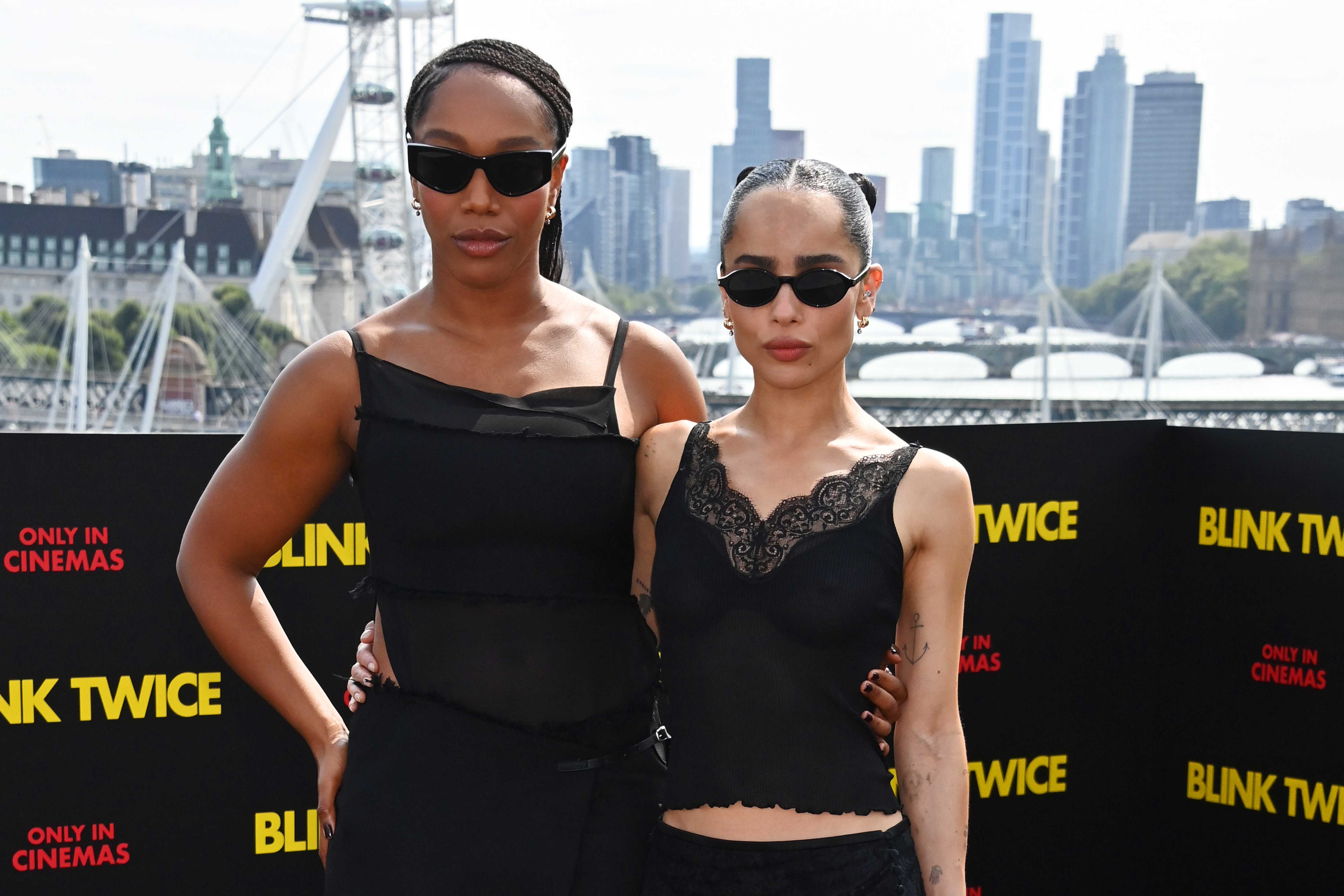 LONDON, ENGLAND - AUGUST 18: Naomi Ackie and Zoe Kravitz attend the "Blink Twice" photocall at IET London: Savoy Place on August 18, 2024 in London, England. 