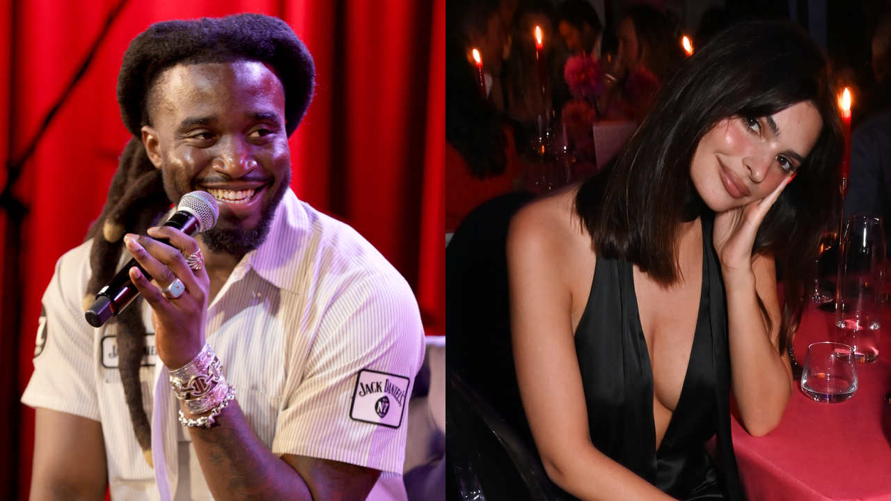 Shaboozey performing, holding microphone. Right: Emily Ratajkowski posing while sitting at a gala.