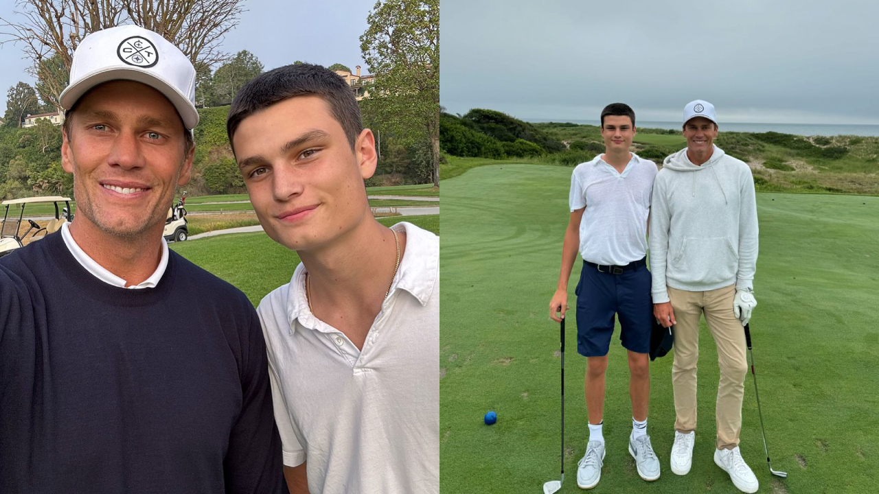 Tom Brady and son Jack at a golf course.