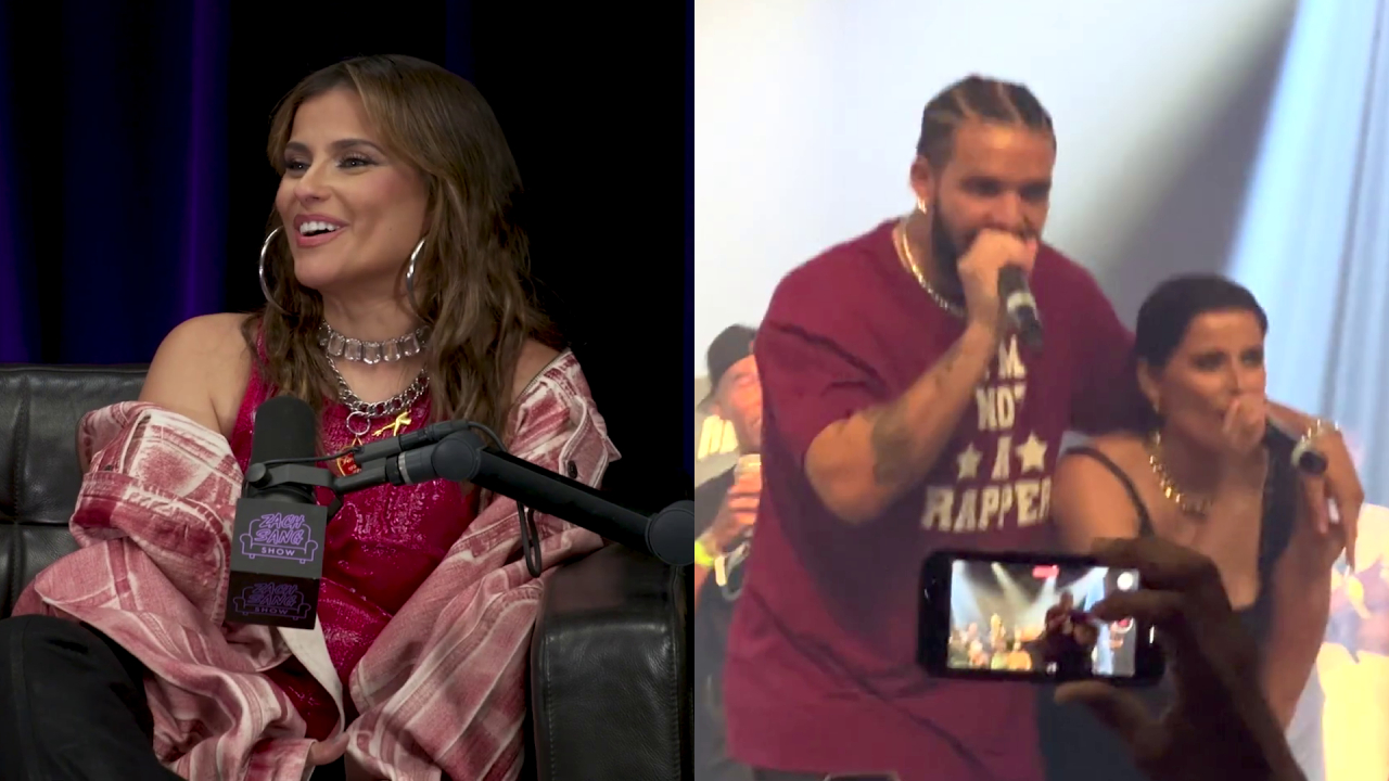Left: Nelly Furtado being interviewed. Right: Drake and Furtado on stage performing together