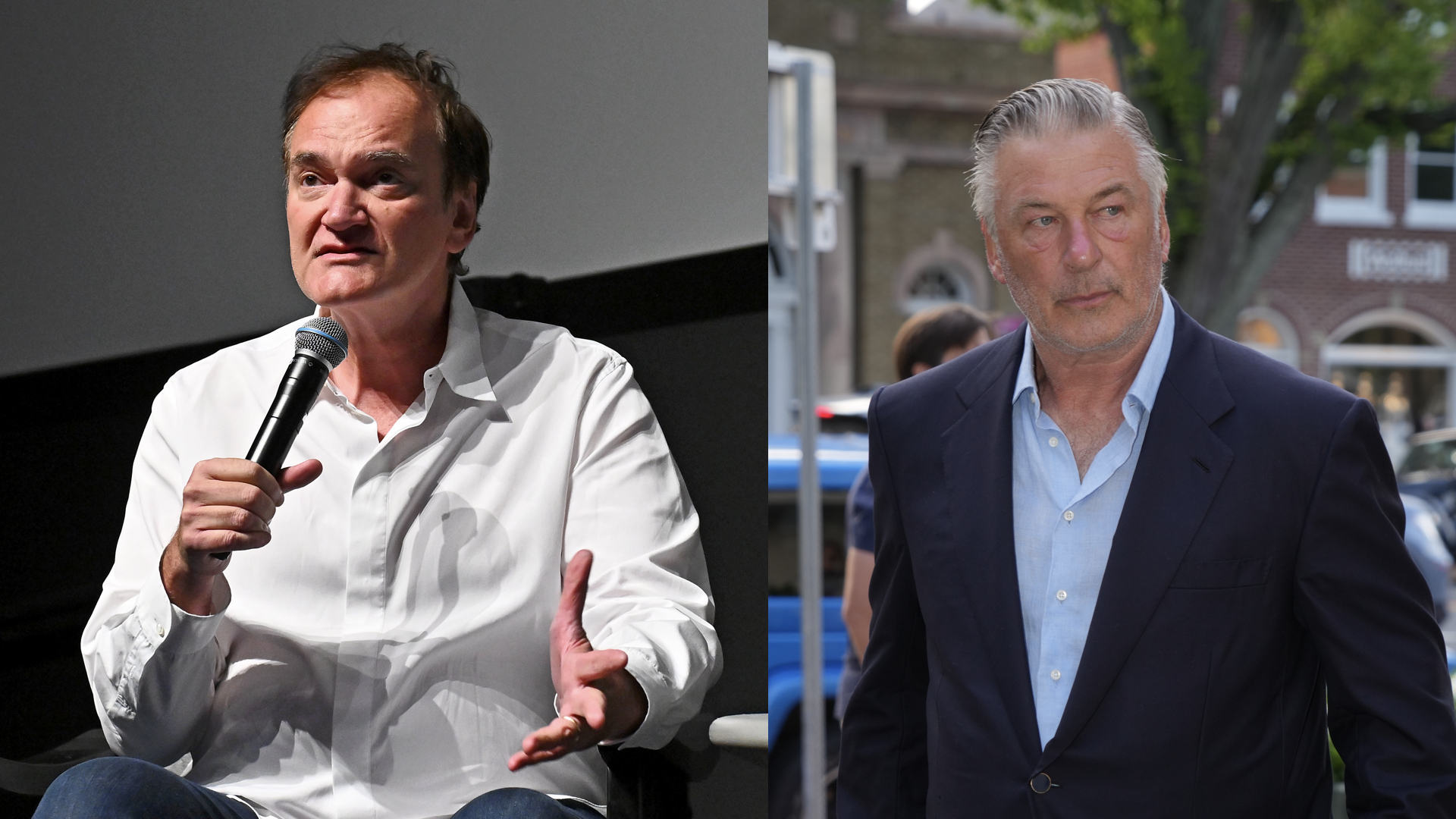 Quentin Tarantino speaks onstage at the "Jackie Brown" screening during the 2024 Tribeca Festival at SVA Theater on June 14, 2024 in New York City/Alec Baldwin attends a HamptonsFilm SummerDocs screening of "War Game" at the Regal UA East Hampton on July 20, 2024 in East Hampton, New York