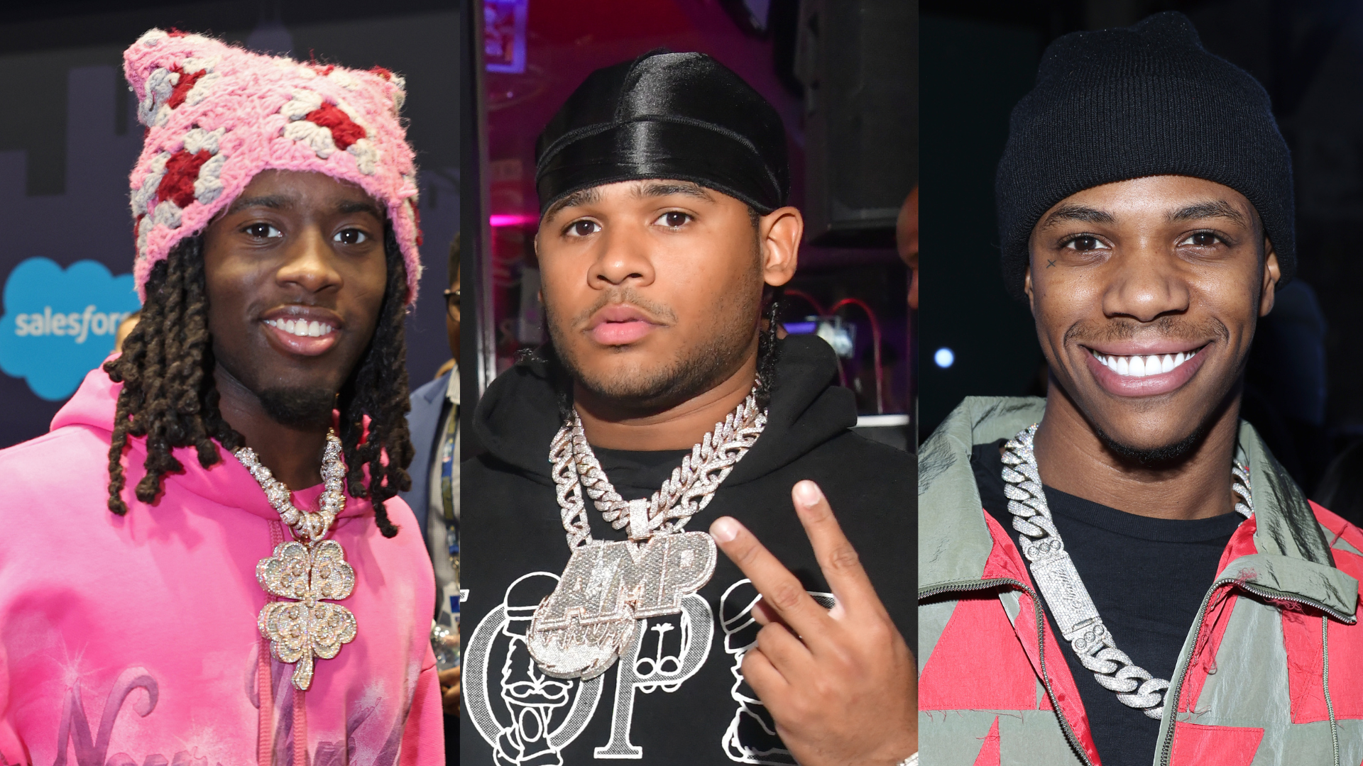 Kai Cenat, Fanum, and A Boogie wit da Hoodie attending separate events.