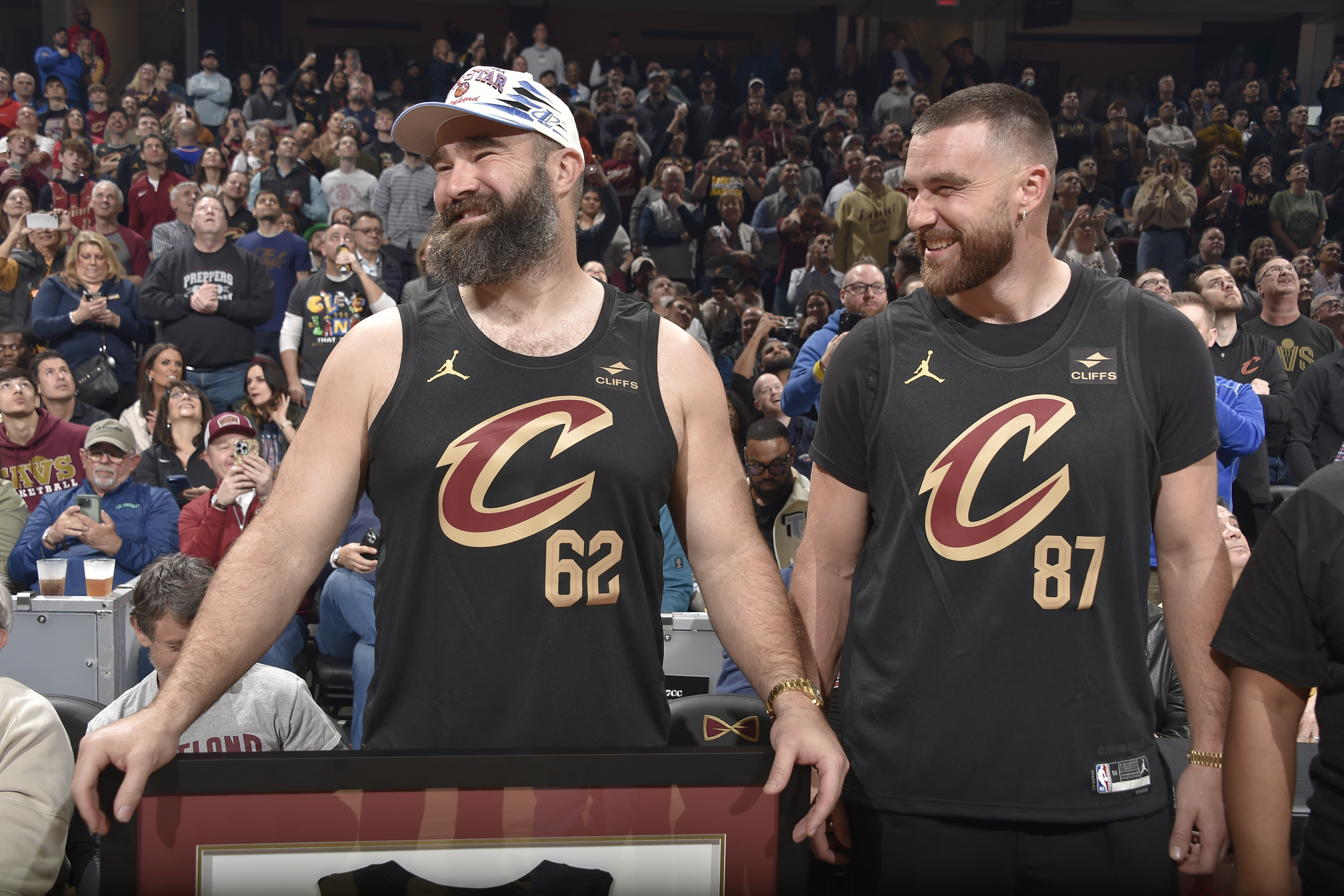 Jason Kelce and Travis Kelce are honored during the game between the Boston Celtics and the Cleveland Cavaliers on March 5, 2024 at Rocket Mortgage FieldHouse in Cleveland, Ohio. NOTE TO USER: User expressly acknowledges and agrees that, by downloading and/or using this Photograph, user is consenting to the terms and conditions of the Getty Images License Agreement. Mandatory Copyright Notice: Copyright 2024 NBAE