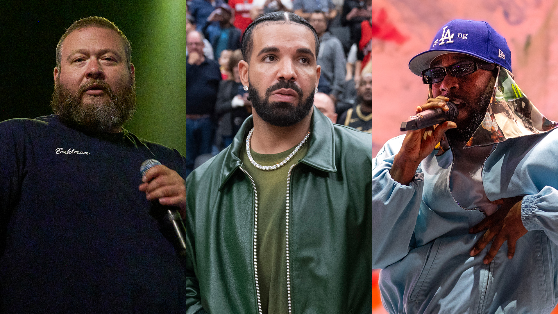 Action Bronson performing, Drake at an NBA game, and Kendrick Lamar performing.
