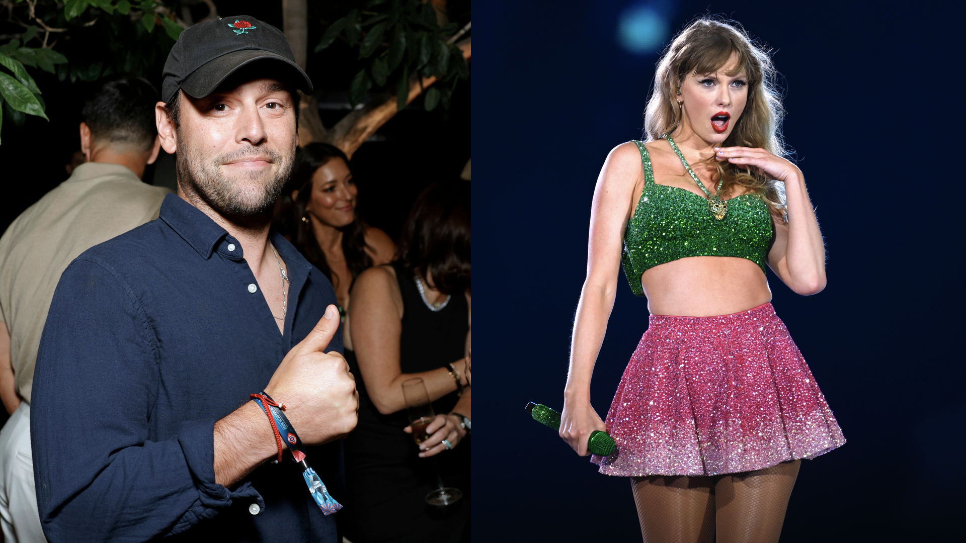 Scooter Braun attends the TIAH 6th Anniversary Soiree on August 24, 2024 in Los Angeles, California/Taylor Swift performs onstage during "Taylor Swift | The Eras Tour" at Wembley Stadium on August 15, 2024 in London, England