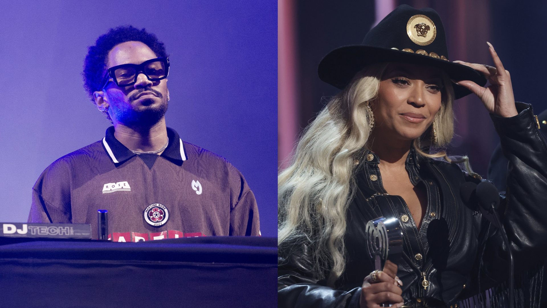 Kaytranada performs during All Points East 2024 at Victoria Park on August 16, 2024 in London, England/Beyoncé accepts the Innovator Award onstage during the 2024 iHeartRadio Music Awards at Dolby Theatre in Los Angeles, California on April 01, 2024