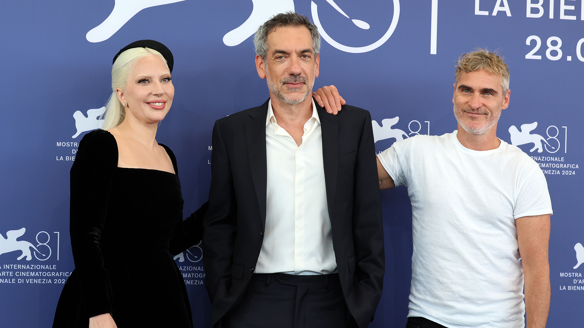 Lady Gaga, Director Todd Phillips and Joaquin Phoenix attend the "Joker: Folie A Deux" photocall at the Venice International Film Festival.
