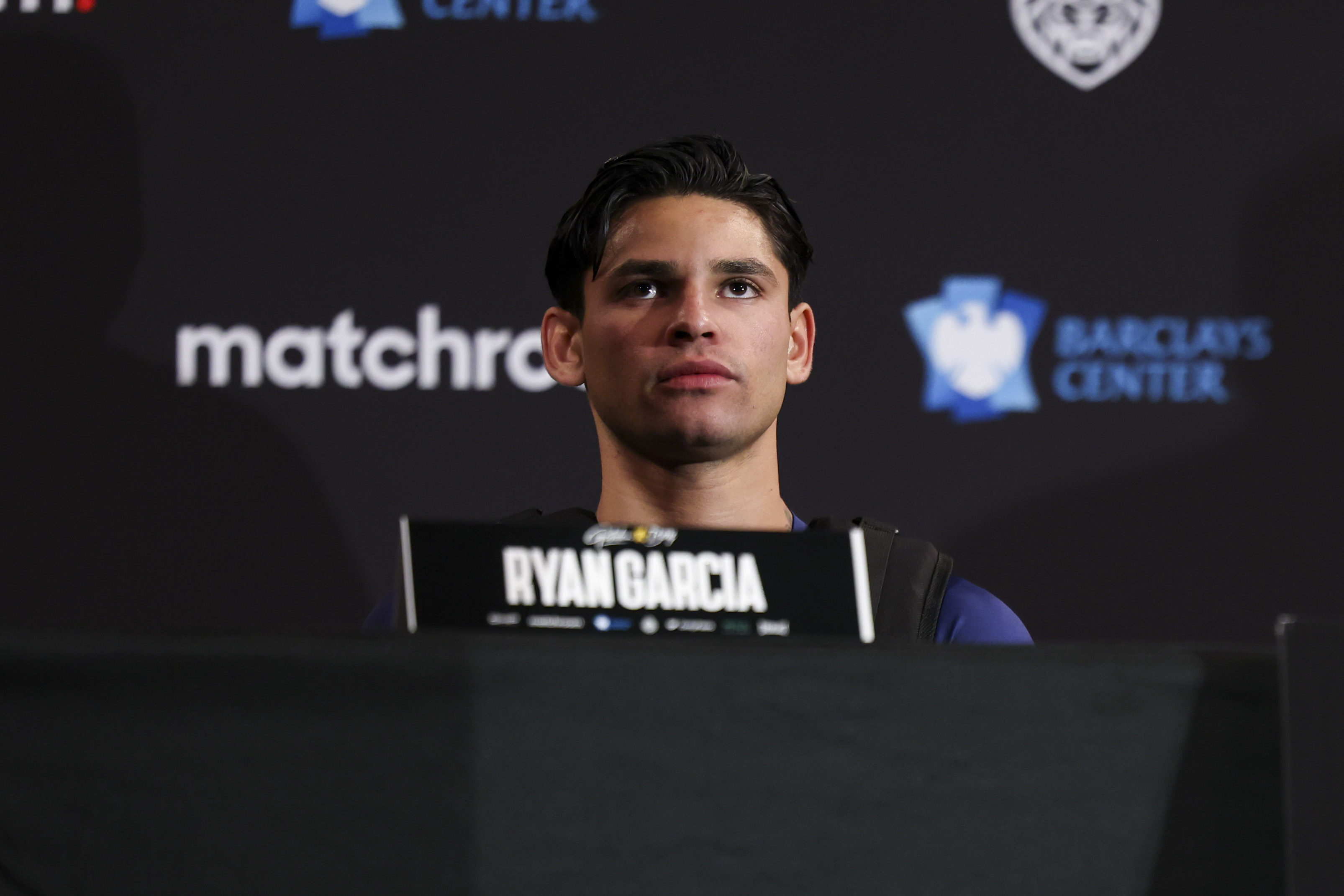 Ryan Garcia looks on during a press conference at Barclays Center on April 18, 2024 