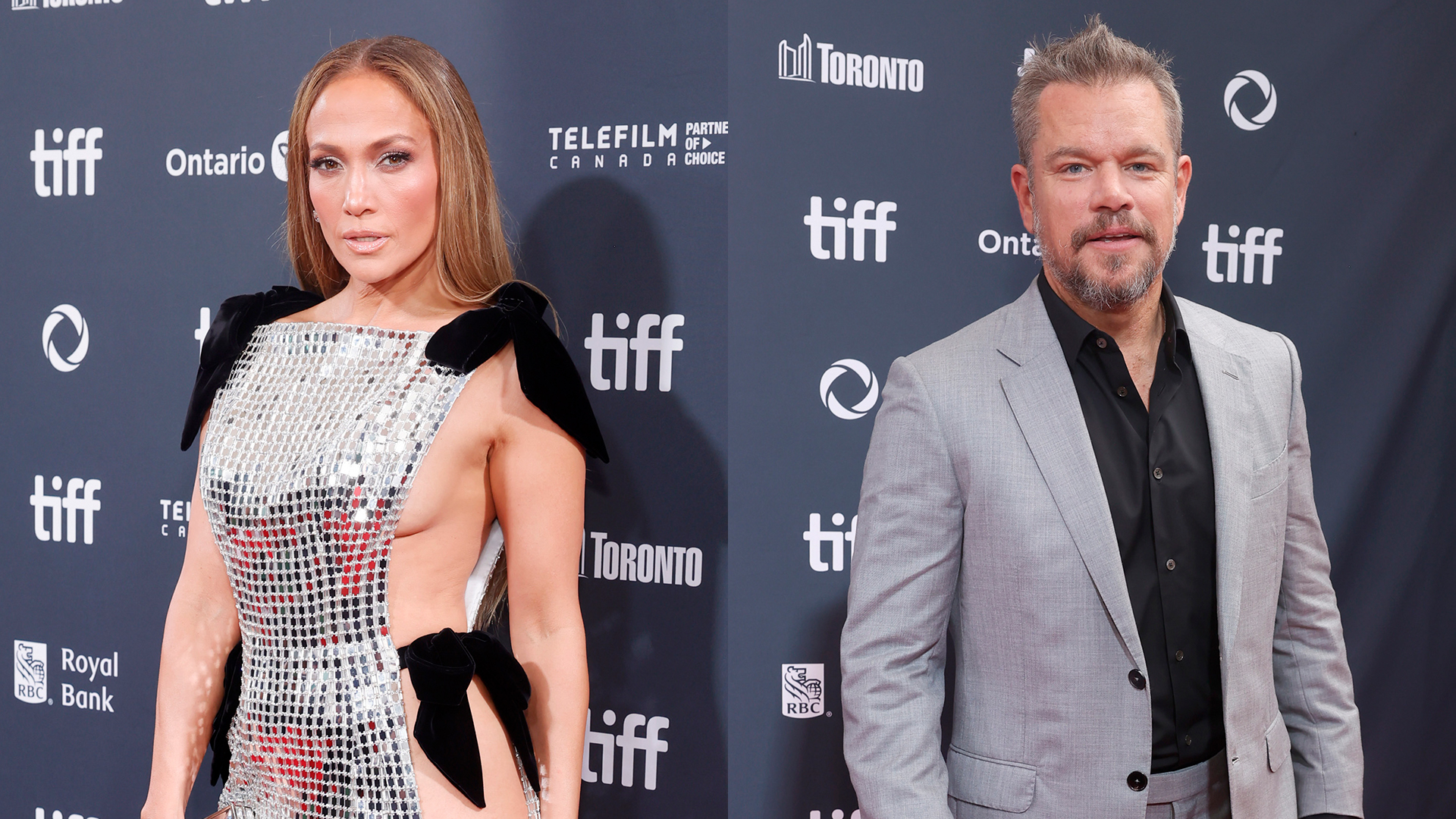 Jennifer Lopez and Matt Damon attend the premiere of "Unstoppable" at the 2024 Toronto International Film Festival.