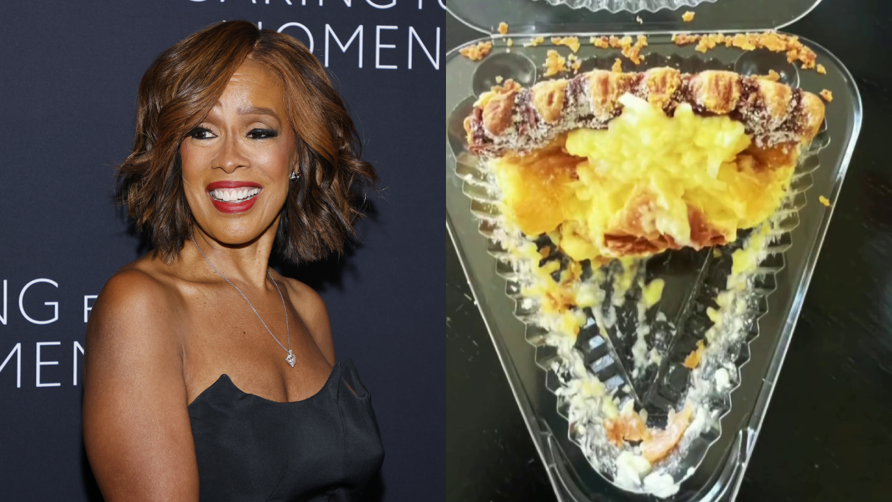Split photo. Left: Gayle King posing on a red carpet. Right: Half-eaten slice of pie inside of a plastic container.