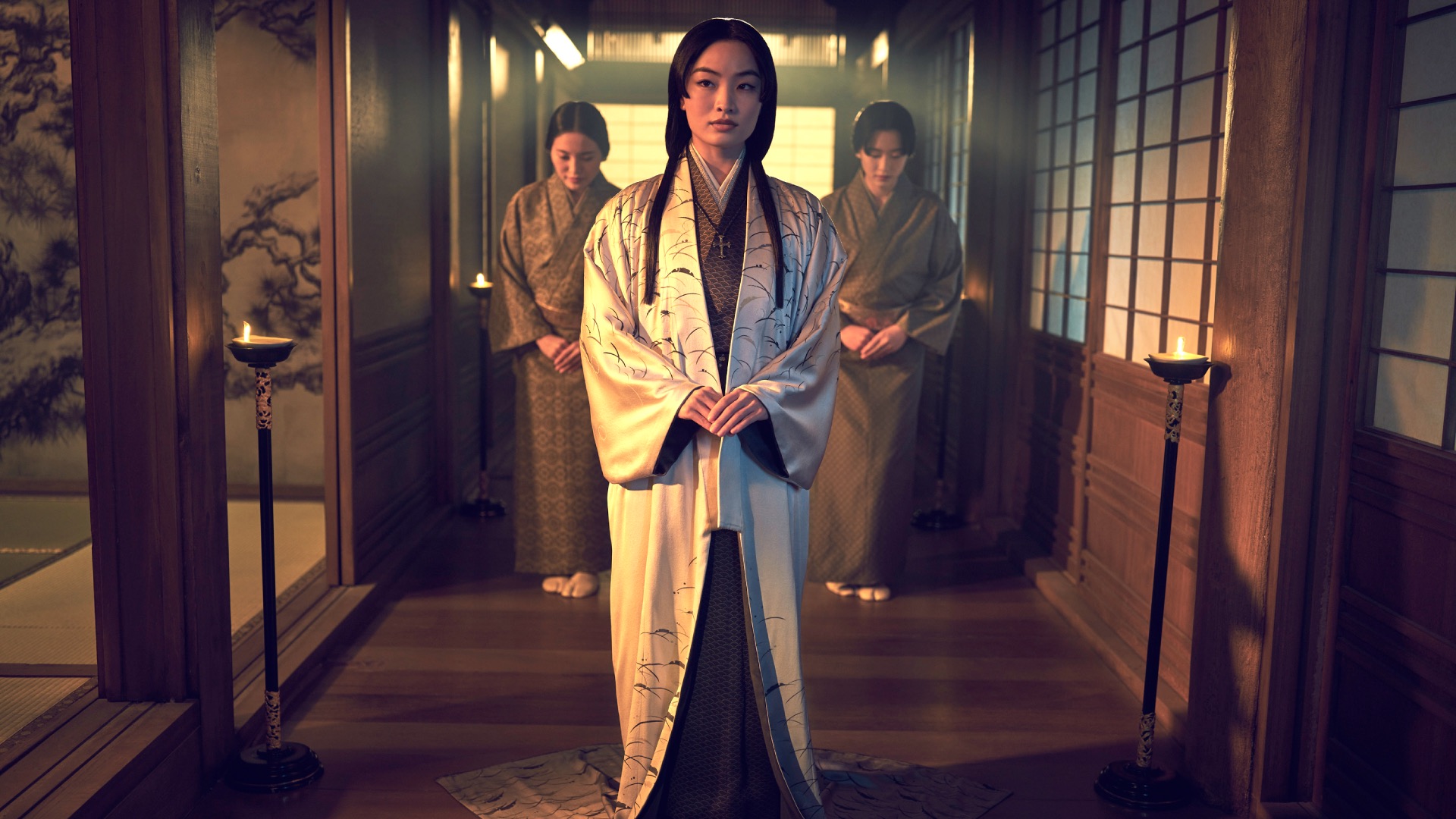 Toda Mariko (Anna Sawai, middle) is flanked by two other female Shogun characters.