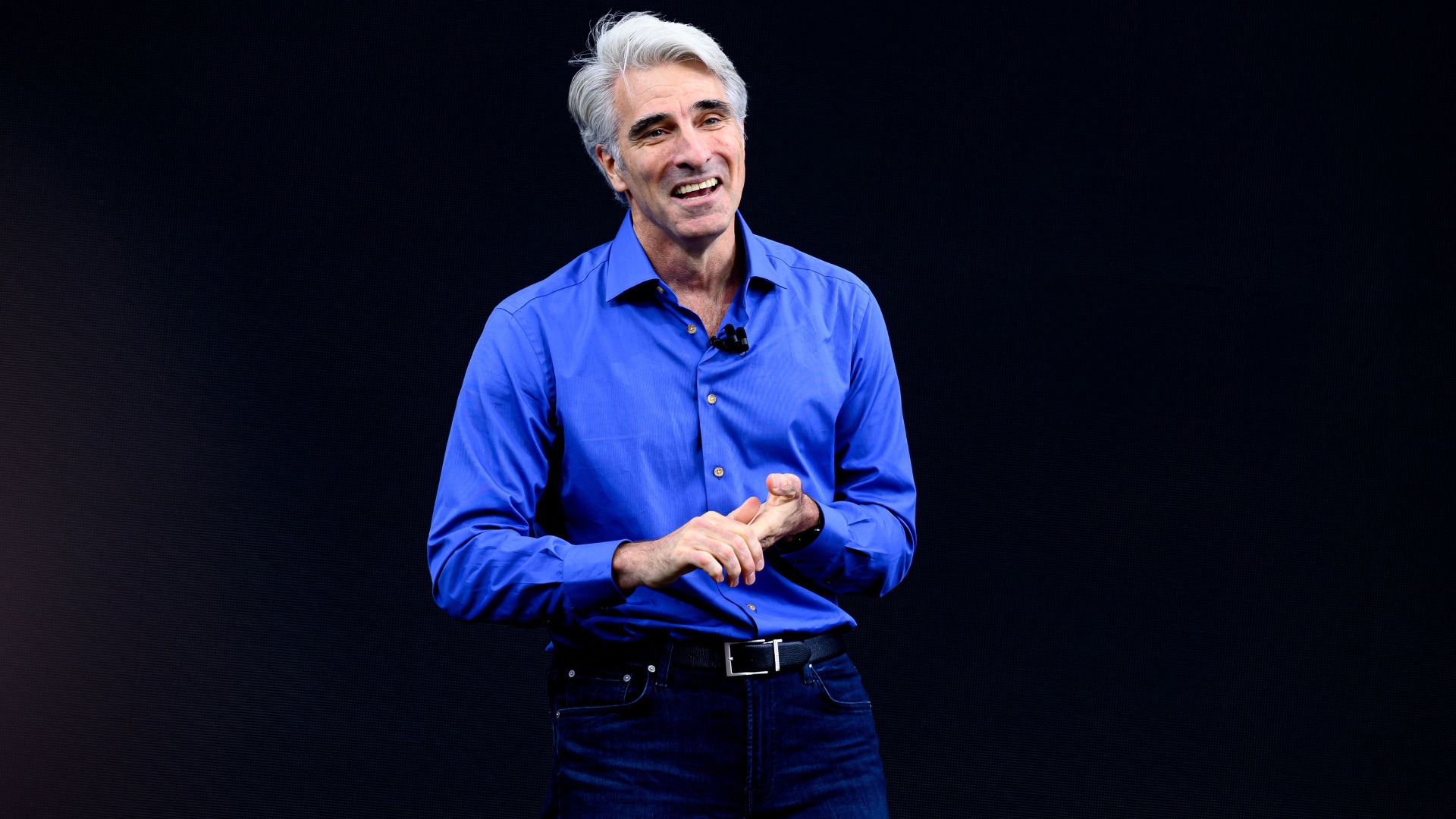 Apple SVP of software engineering Craig Federighi speaks at Apple's Worldwide Developers Conference (WWDC) in California in June 2023.