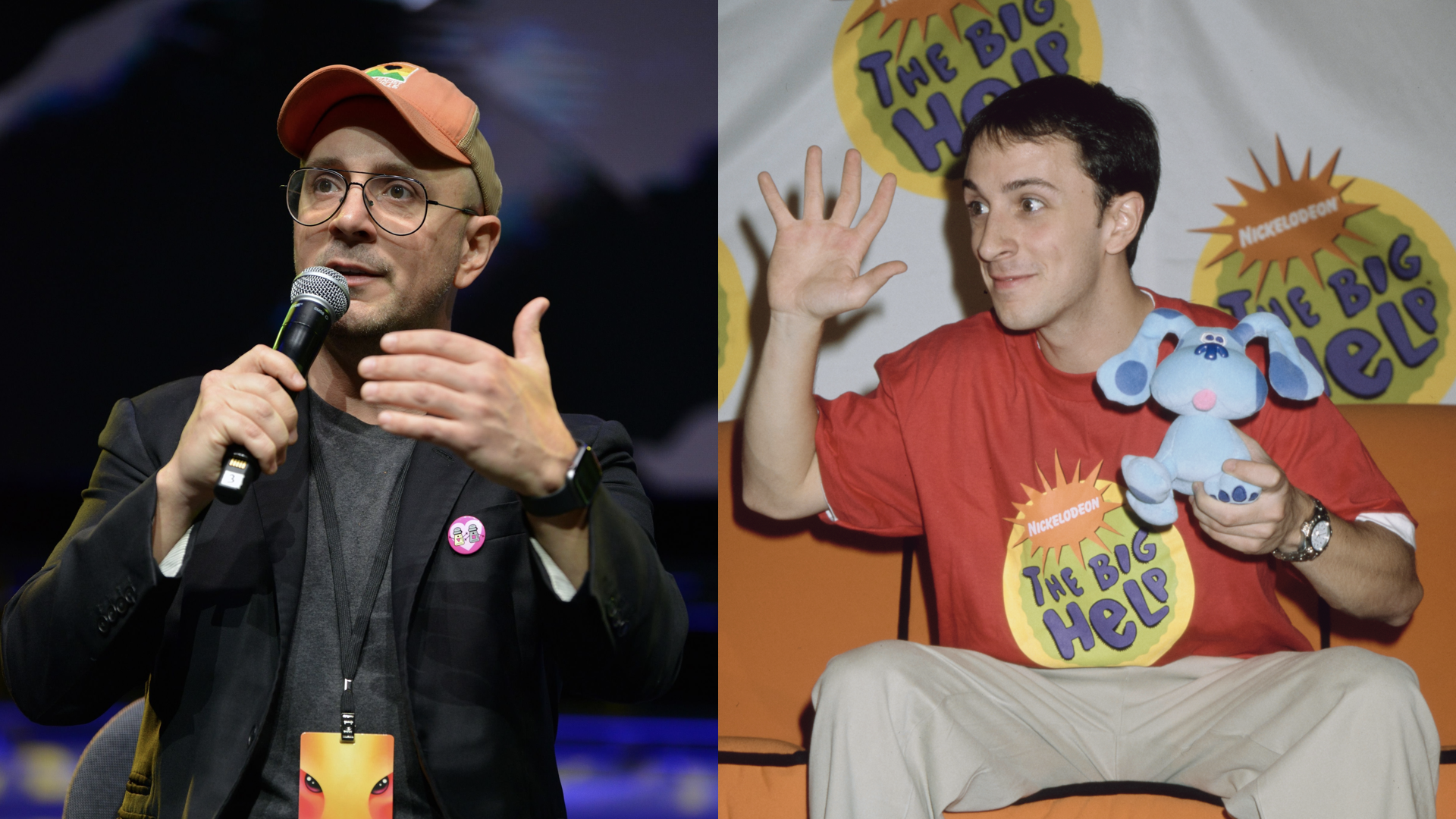 Steve Burns speaks onstage during the Steve from "Blue's Clues" panel at 2022 Los Angeles Comic Con at Los Angeles Convention Center on December 03, 2022 in Los Angeles, California/American actor Steve Burns, wearing an orange Nickelodeon 'The Big Help' t-shirt, attends Nickelodeon's 5th Annual 'Big Help-A-Thon,' held at Pan Pacific Park in Los Angeles, California, 6th September 1998. Burns holds a toy figure of 'Blue,' the character from 'Blue's Clues', the show Burns hosts