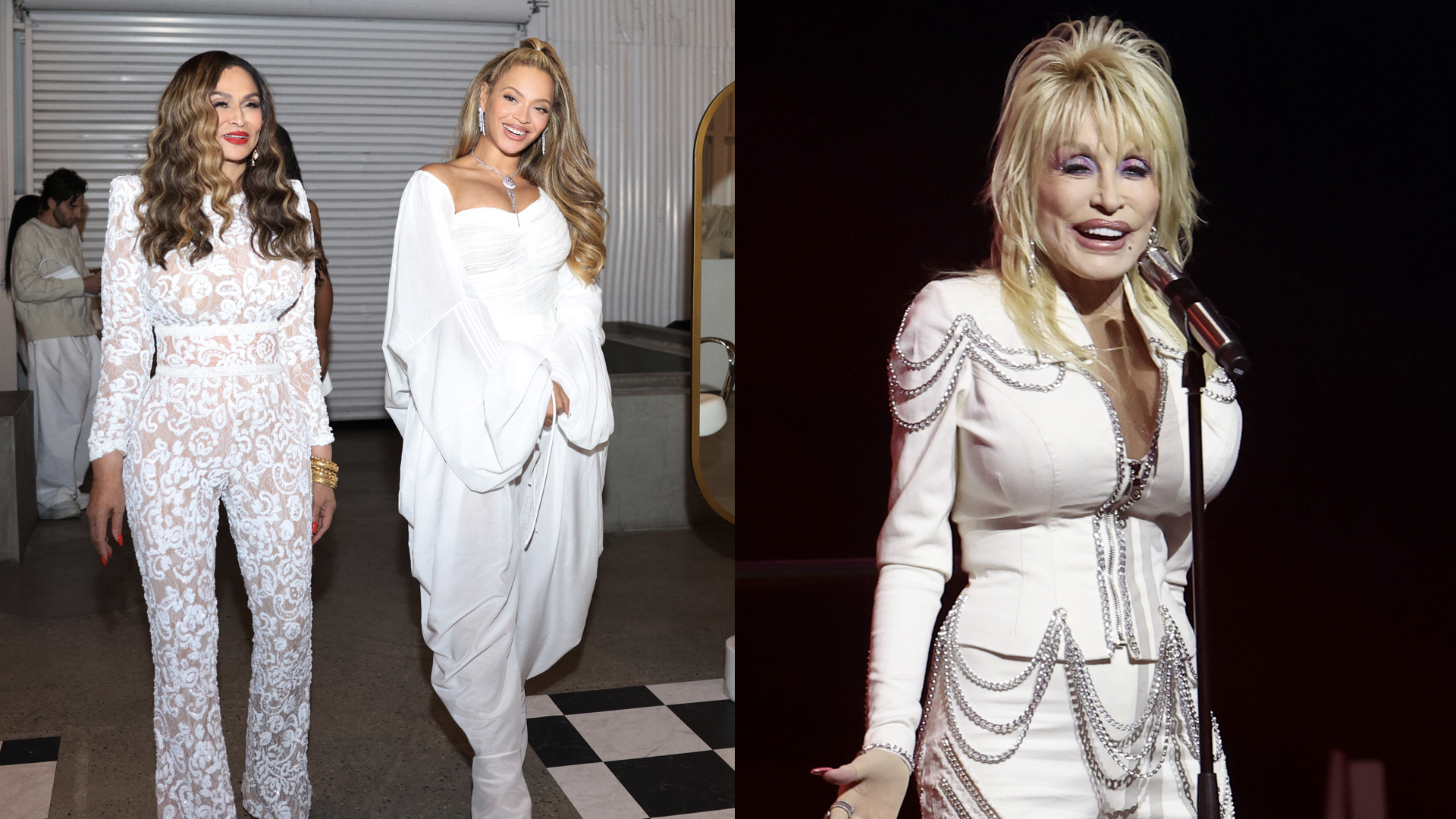 Tina Knowles and Beyoncé celebrate the launch of her hair care line, CÉCRED, with an intimate gathering at The Revery LA on February 20, 2024 in Los Angeles, California/Dolly Parton speaks onstage during Kicking Off CMA Fest: A Special Conversation With Dolly Parton Hosted By Rachel Smith at Music City Center on June 06, 2024 in Nashville, Tennessee