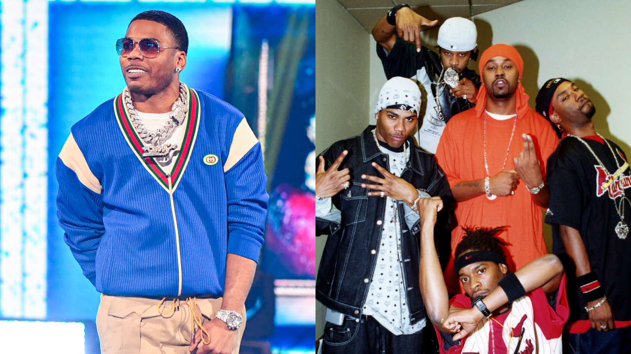Split image. Left: Nelly performs onstage. Right: St. Lunatics poses for photos.